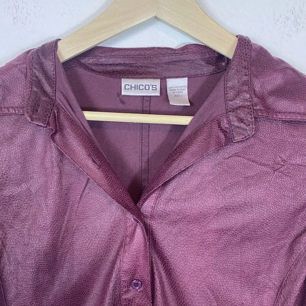 Chico's Medium Button Up Jacket Faux leather Burgundy Lightweight Animal Print‎